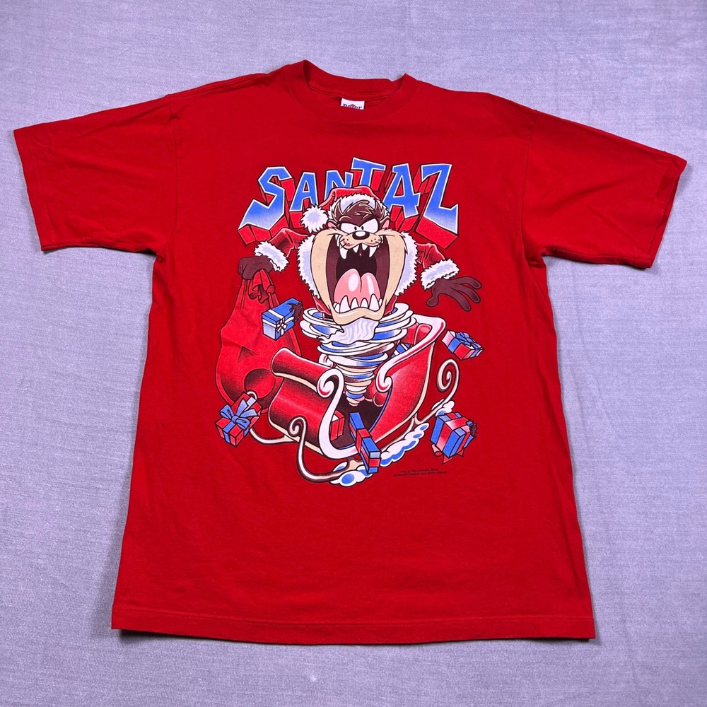 Vintage‎ Looney Tunes Taz Santaz Christmas Graphic T Shirt Mens L Red Cotton